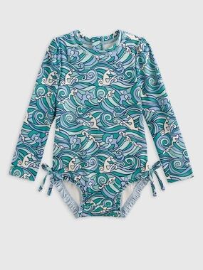 NWT QUINCE Long Sleeve Tie One-Piece Swimsuit 3-6 Months Waves 8268